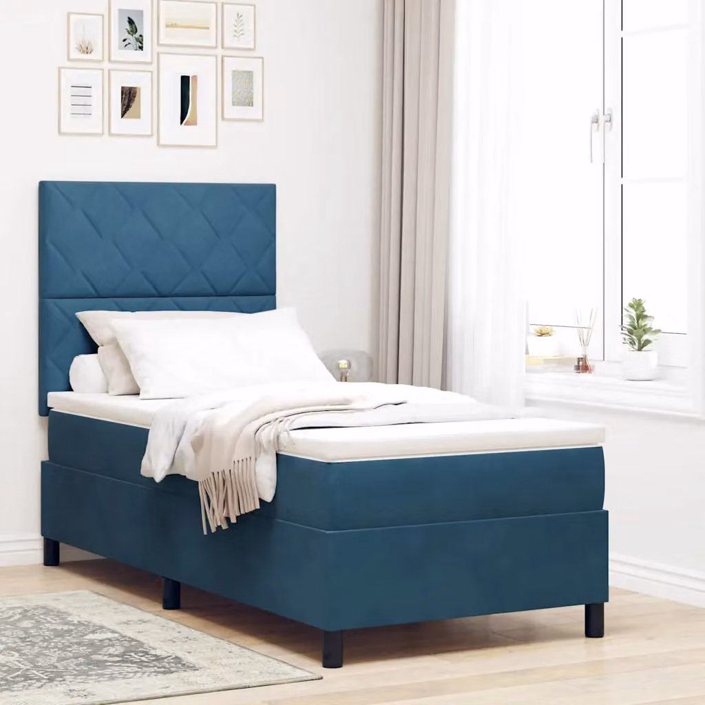 Letto a molle con testiera vidaXL in velluto blu, L 100 x P 200 cm