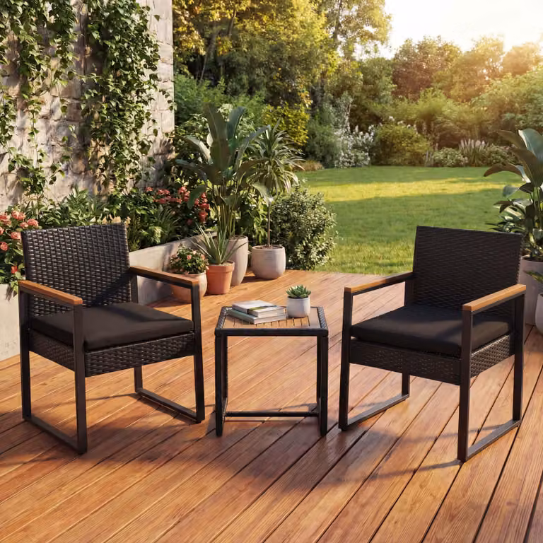 Set in polyrattan HWC-P74, set da giardino 2x sedie tavolo, legno di acacia tessuto 180 g/m² ~ nero, imbottitura nera