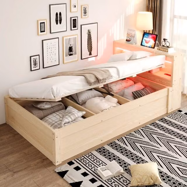Letto singolo 90 x 200 cm con contenitore idraulico; presa integrata e LED; finitura legno