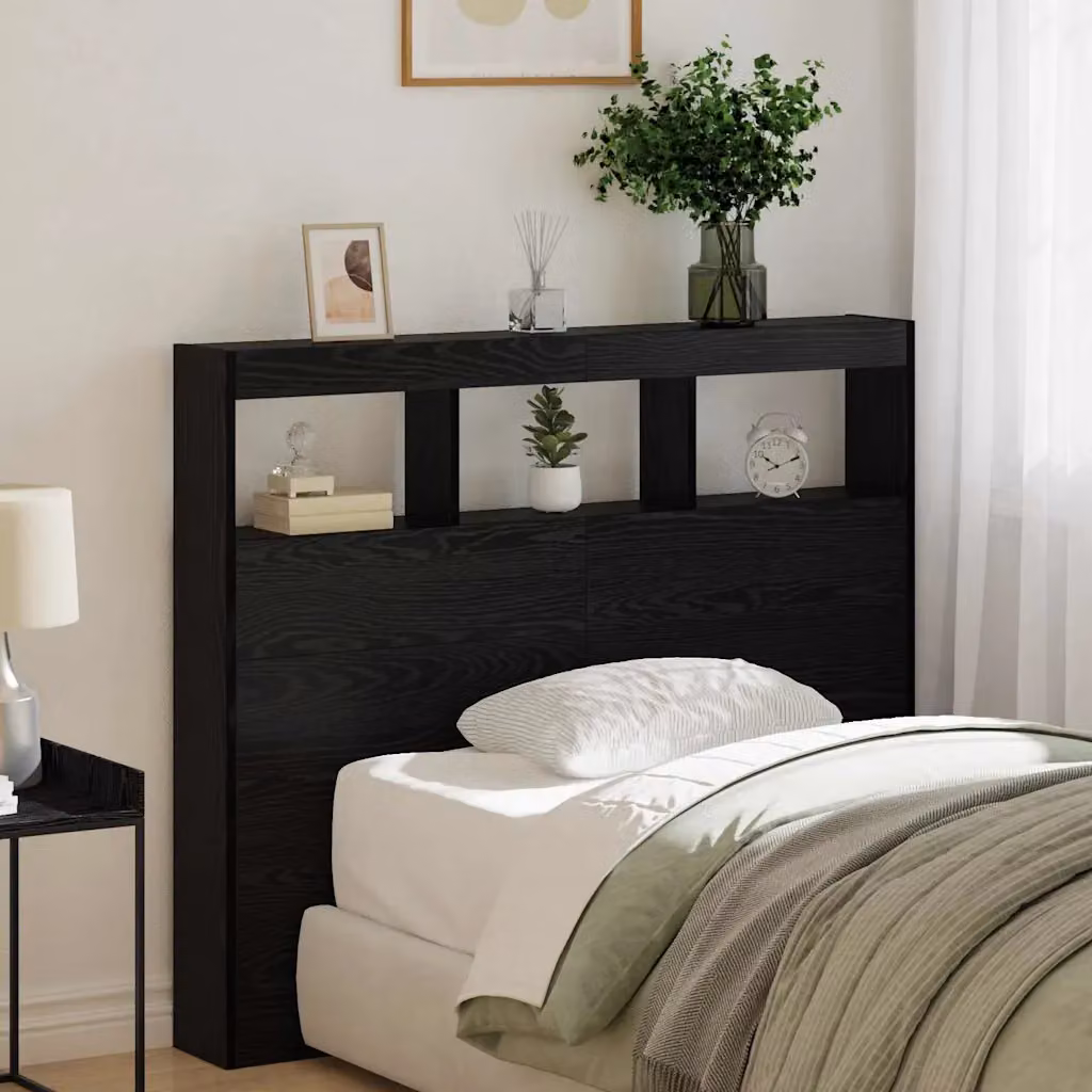 Testiera per letto moderna vidaXL in legno ingegnerizzato rovere nero con illuminazione integrata, mensola e porta USB, L 120 cm x H 17 cm x P 16,65 cm