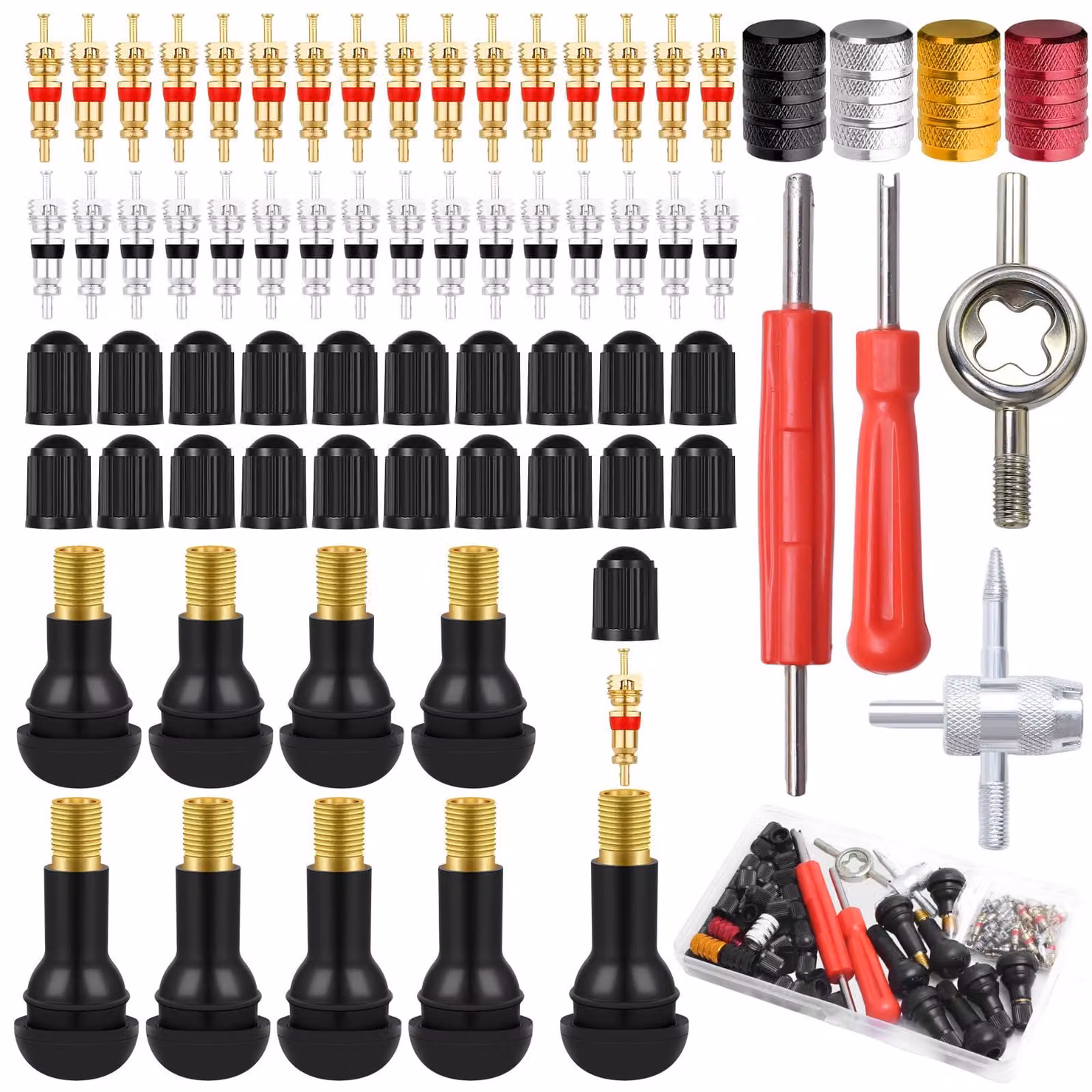 Set di utensili da 96 pezzi per la rimozione delle valvole pneumatiche, completo di valvole in gomma TR413 e TR412