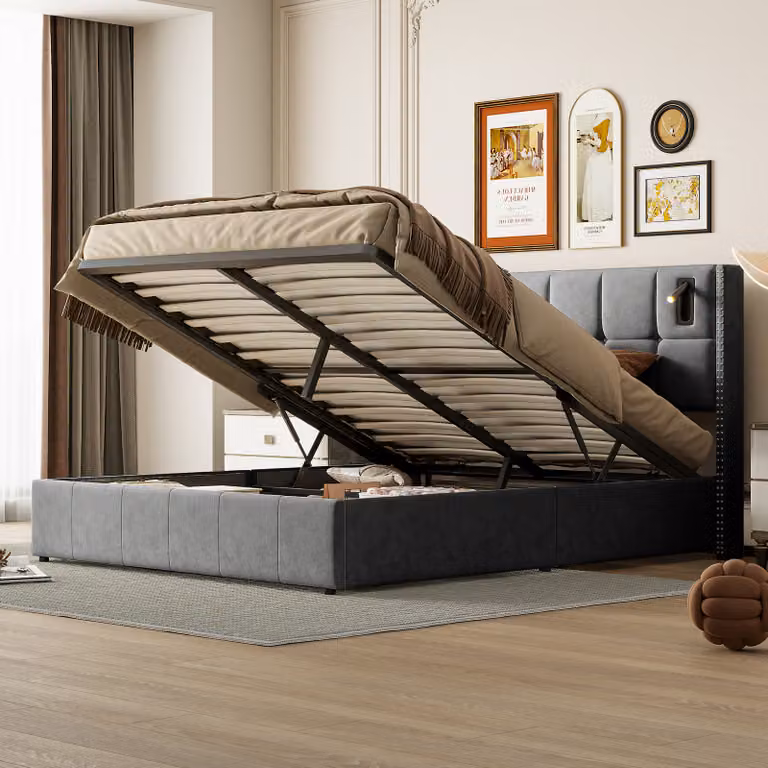 Letto imbottito Fortuna Lai 160x200cm con rete a doghe, letto a molle idrauliche con luce di lettura, letto contenitore letto matrimoniale, velluto, grigio