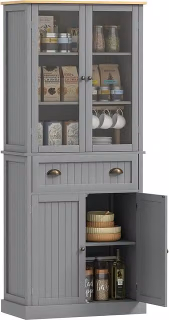 Buffet meuble cuisine rangement armoire de cuisine 4 portes dont 2 portes vitrées et 1 tiroir étagères réglables - gris