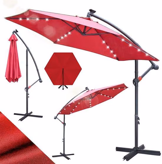 Faretto LED solare 350 cm - Lampada LED solare con 32 luci bianche - Protezione UV 50+ (blocca il 98% dei raggi UV) - Griglia regolabile multi-direzionale e girevole - Struttura resistente al vento con 8 listelli - Include base a croce - Telo impermeabile