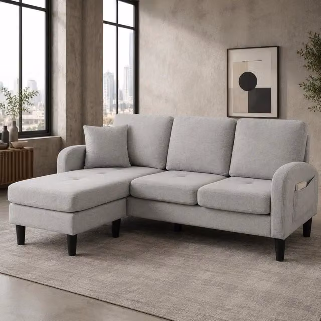Divano angolare 3 posti con chaise longue reversibile 166 x 118 x 77 cm in misto cotone-lino grigio