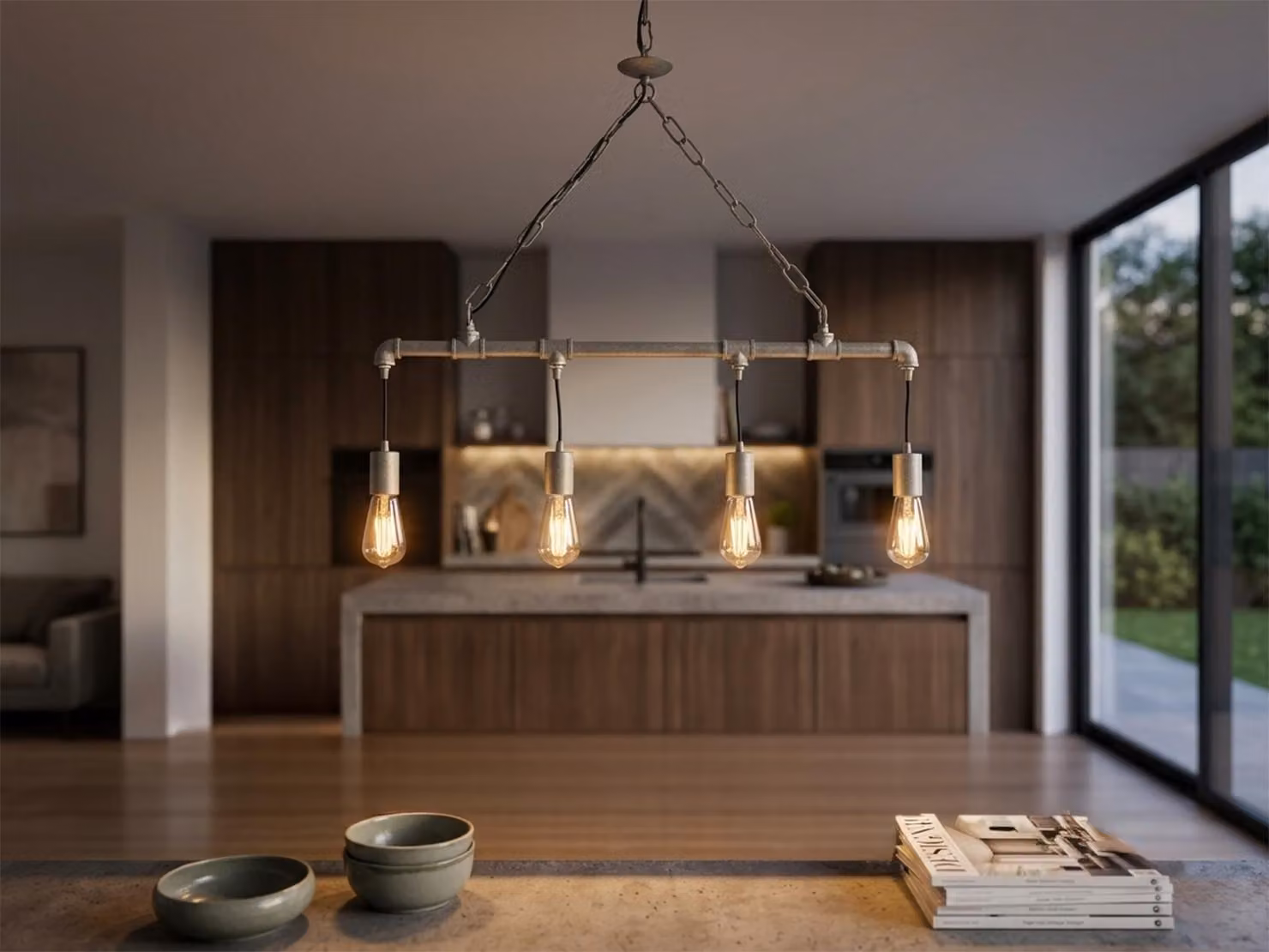 Lampada a sospensione a barra AMARCORD in stile industriale con finitura a tubi dell'acqua, grigio antico