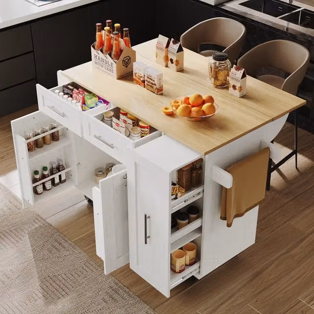Carrello da cucina con piano ribaltabile e armadi estensibili, ruote bloccabili, in MDF, bianco, 110 × 46 × 90,5 cm