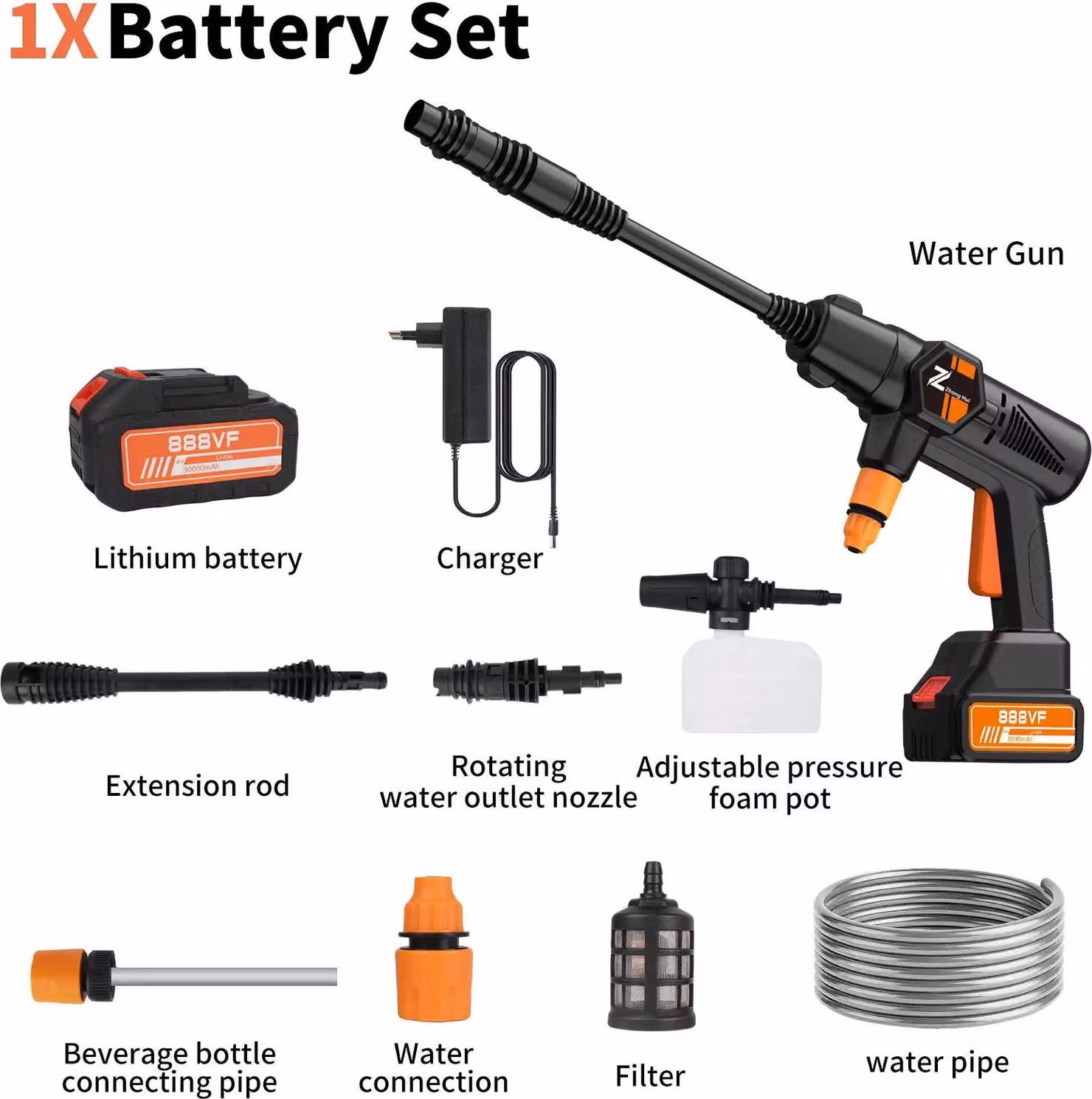 Pistola per idropulitrice ad alta pressione per auto - Batteria 21 V - 200 bar - Ugello orientabile 0-45° - Ugello e raccordo in rame - Con tubo flessibile - Incolore