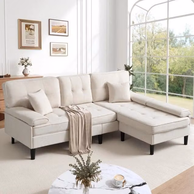 Divano angolare modulare 3 posti con pouf in ciniglia beige chiaro 195 cm HAVRYA
