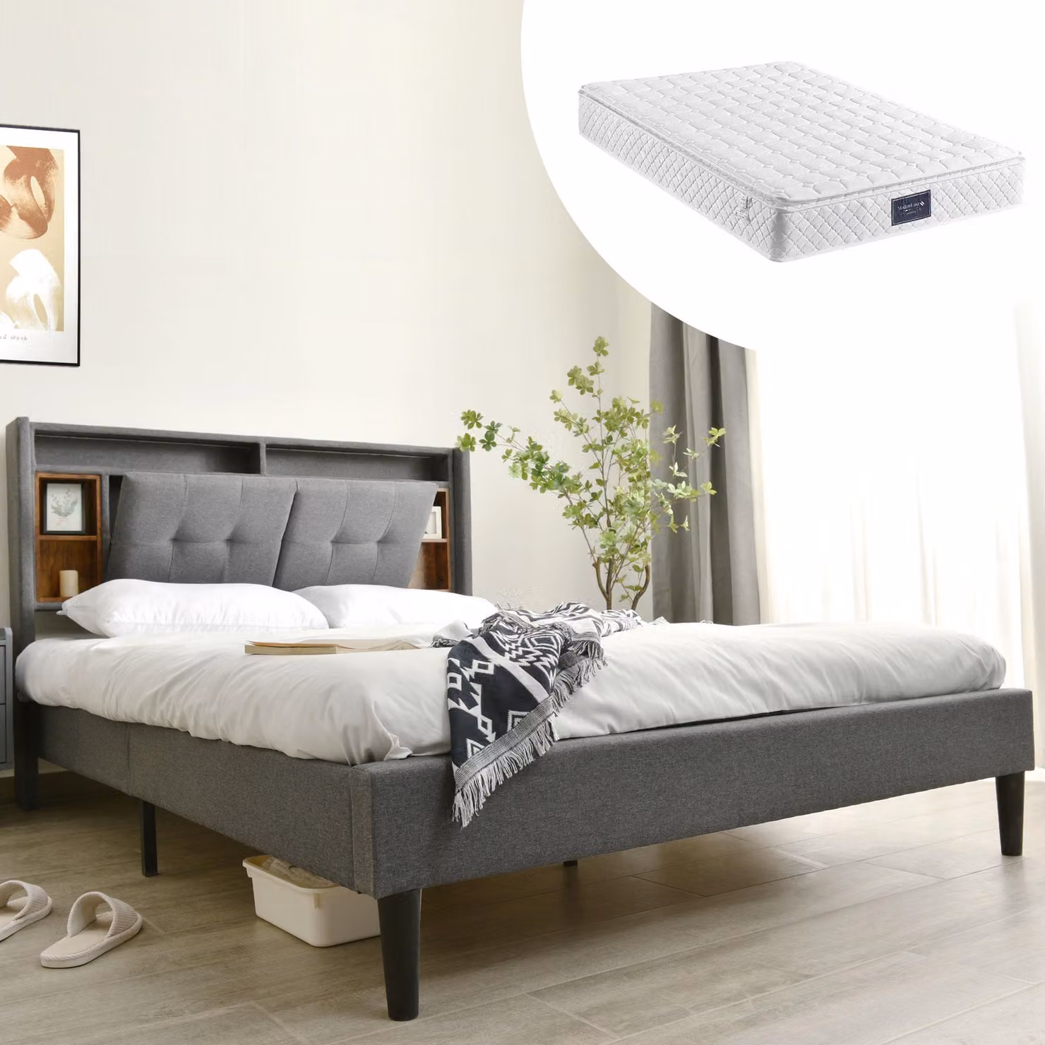 Letto imbottito 140 x 200 cm con ricarica USB e illuminazione LED, realizzato in legno di alta qualità, resistente e facile da installare. Letto matrimoniale con spazio contenitore, colore grigio (con materasso)