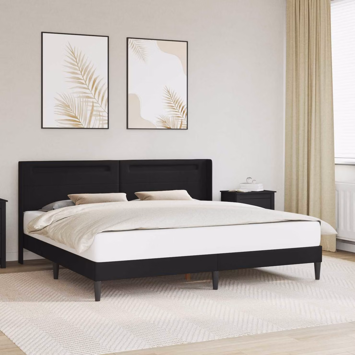 Letto matrimoniale moderno vidaXL con testiera in similpelle nero, illuminazione sottostante e porta USB, L/P/H: 180 x 200 x 96 cm