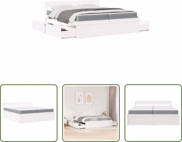 The Living Store Letto con cassetti e materasso bianco 200x200 cm in legno massiccio