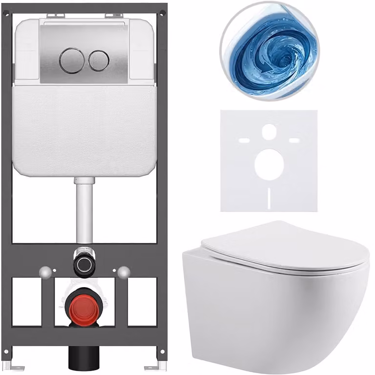 CERANO - Set WC da incasso Cesso - bianco lucido - pulsante Prime/Dualo, argento - sospeso - installazione pre-parete/cartongesso - 49x36 cm