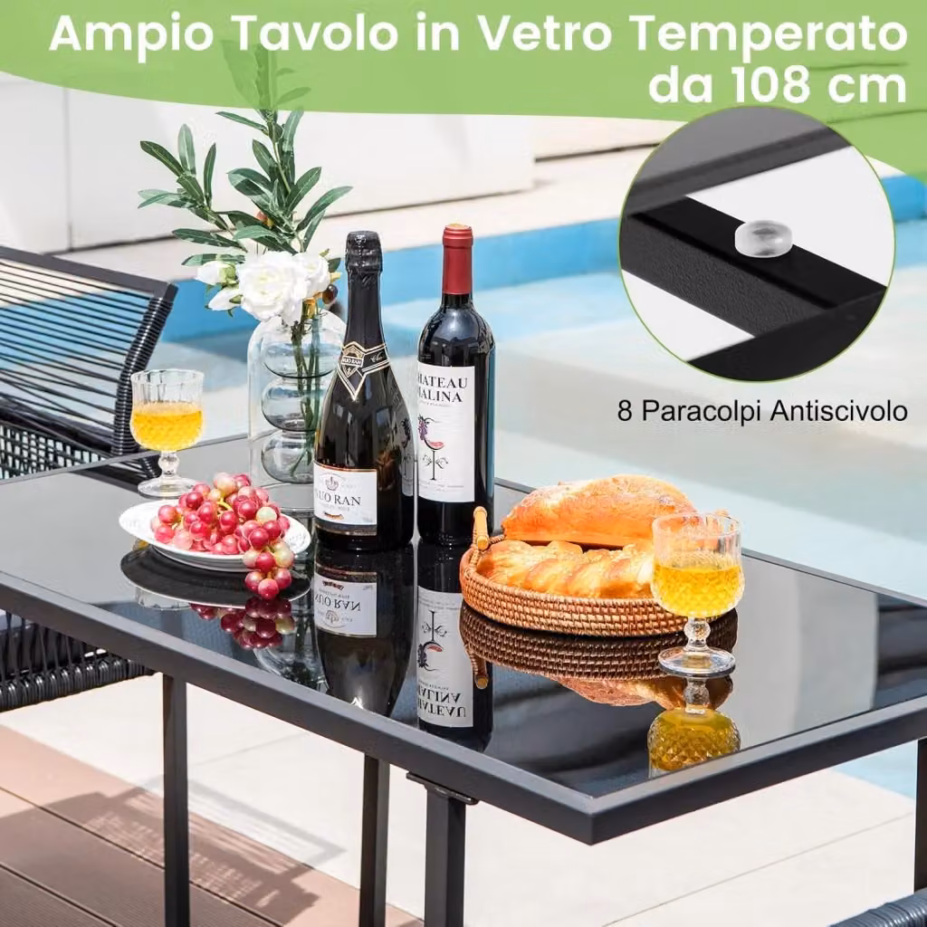 Set da pranzo da esterno Costway composto da tavolo con piano in vetro temperato e 3 sedie pieghevoli in rattan nero per giardino, balcone o terrazzo – 2