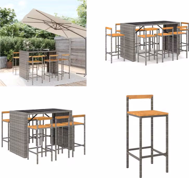 vidaXL Set bar da giardino 7 pezzi in poly rattan grigio e legno massiccio di acacia - Set bar da giardino - Set bar da giardino - Set bar da giardino - Bar da giardino