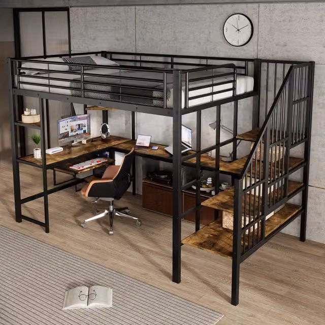 Letto a soppalco in metallo 120x200 cm con scala angolare, scrivania e porta di ricarica, nero e noce scuro