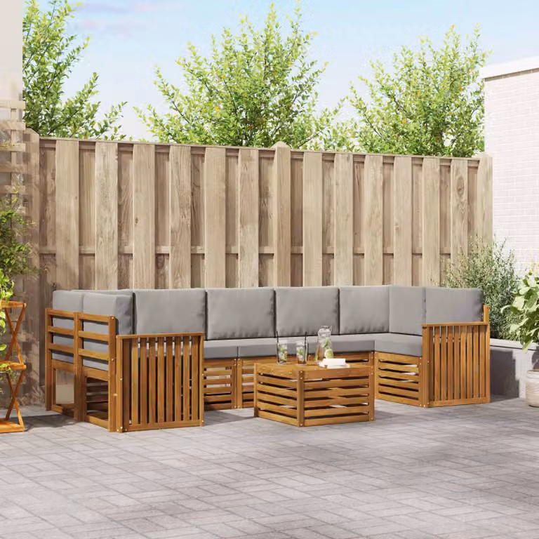 Set di divani da esterno vidaXL a forma di L in legno di acacia con tavolo da caffè e cuscini, 8 pezzi, Grigio