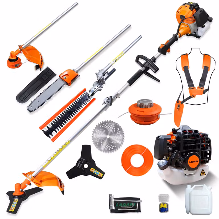 Tagliasiepi multifunzione a benzina - GJ520W: tagliasiepi, decespugliatore, motosega - motore a 2 tempi da 52 cm³ - decespugliatore a filo - avviamento a strappo - cinghia per la spalla - colore arancione