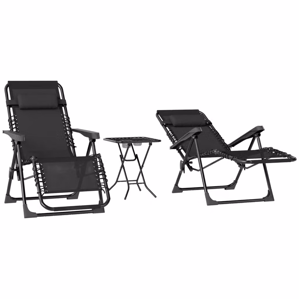 Set di 2 sedie chaise longue Minimal pieghevoli con tavolino nero e grigio in textilene e metallo con poggiatesta regolabile e portabicchieri – 2
