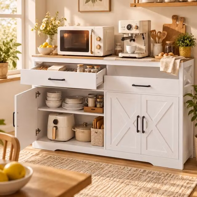 Credenza Cucina, Mobile Buffet con 2 Cassetti e 4 Ante, Ripiani Regolabili per Cucina, Soggiorno Camera da Letto, Bianco 140x40x105 cm