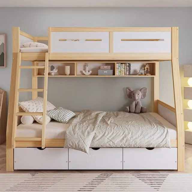 Letto a castello-Xylo-90x200+120x200cm, 3 cassetti, libreria 2m
