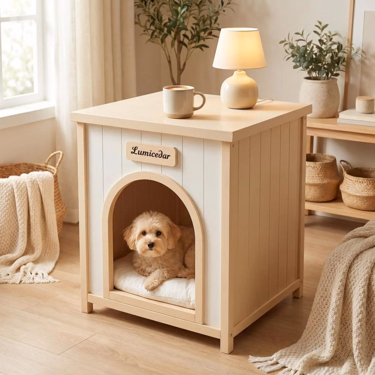Tavolino laterale in legno massello , ideale come cuccia per cani, colore bianco crema, dimensioni 53x51,6x60 cm