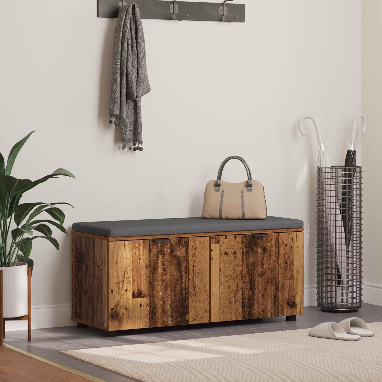 Panca per ingresso con scarpiera vidaXL in legno vecchio e cuscino marrone L 100 cm x P 38 cm x H 46 cm