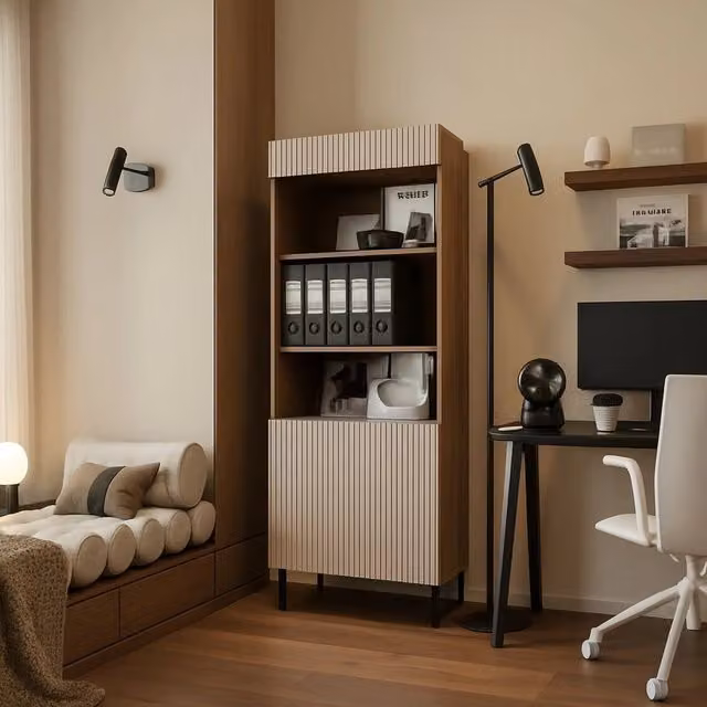 Libreria Agri DMORA con vani aperti e anta, Design moderno e minimale, L 185 cm x P 42 cm x H 60 cm, Noce e Beige – 1