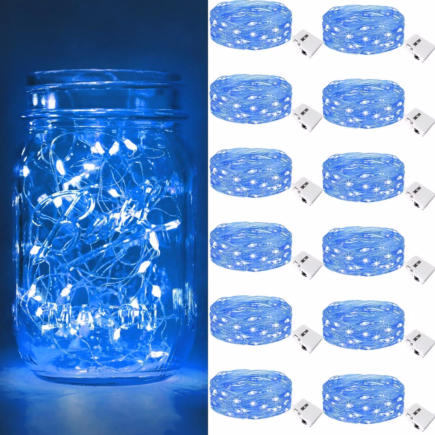 Catena luminosa, set da 12, lunghezza 2 metri, 20 LED, 3 modalità, alimentazione a batteria, colore blu