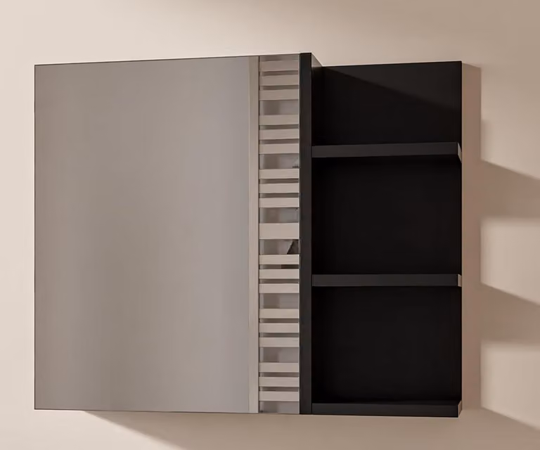 Armadietto Bagno Nero con Specchio e Ripiani 60x50 cm Pensile Bagno 1 Anta Apertura Senza Maniglia Ripiani a Destra