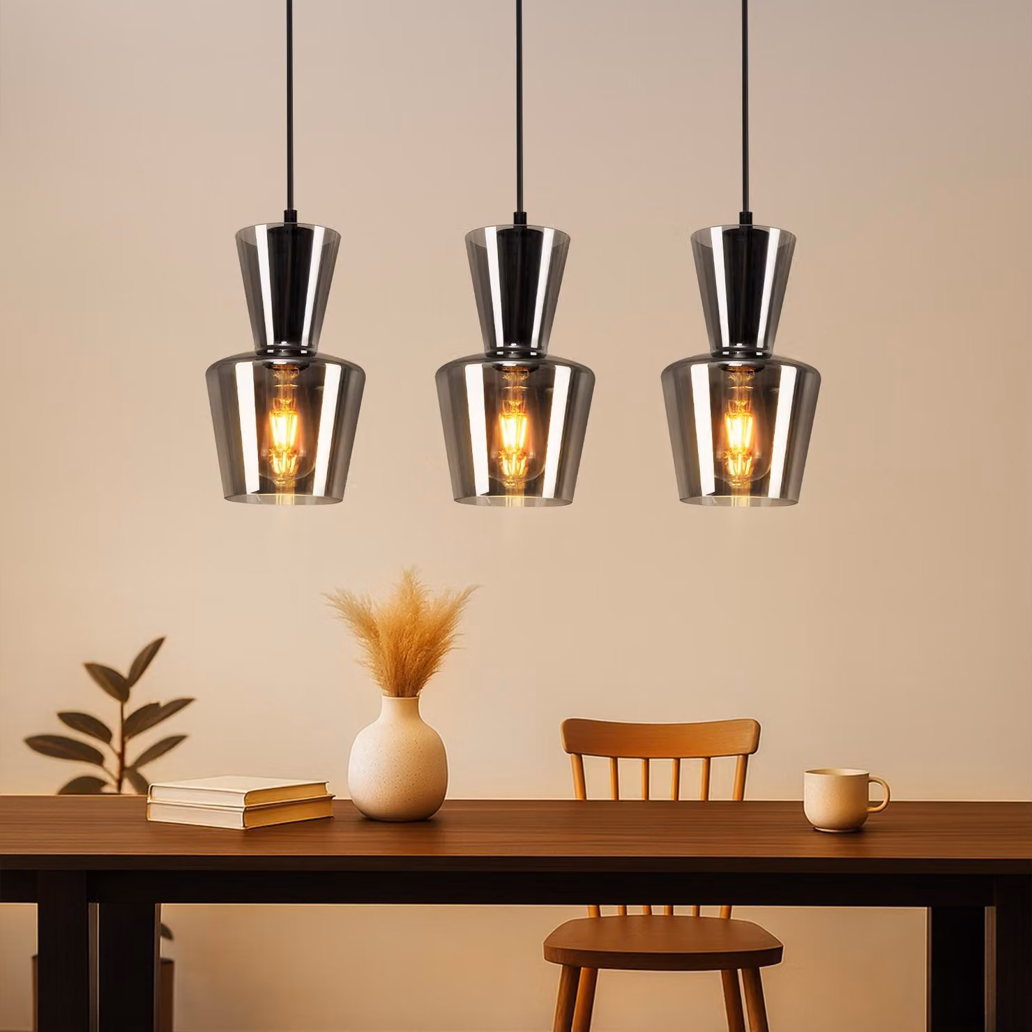ZMH lampada a sospensione tavolo da pranzo cucina lampada a sospensione soggiorno E27 tavolo da pranzo lampada a sospensione grigio fumo 3 fiamme vetro lampada a sospensione vintage sala da pranzo retrò rotonda per la cucina (senza lampadina)