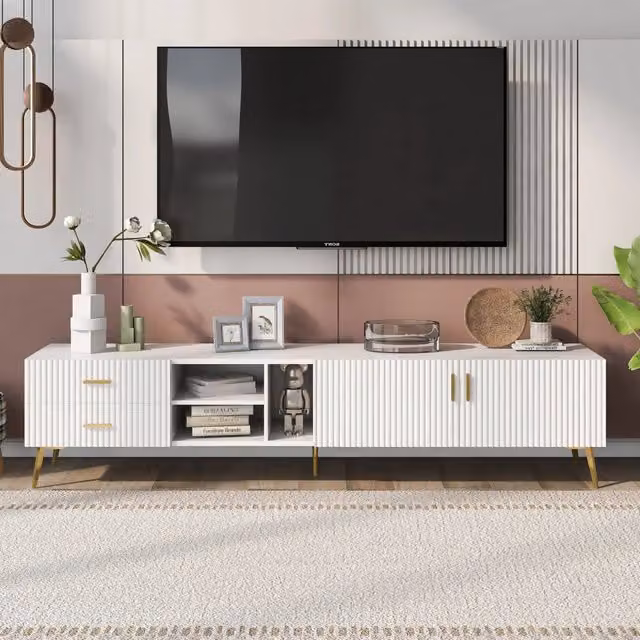 Mobile TV moderno MODFU bianco in MDF e metallo con cassetti soft-close, L: 180 cm, P: 35 cm, H: 41 cm