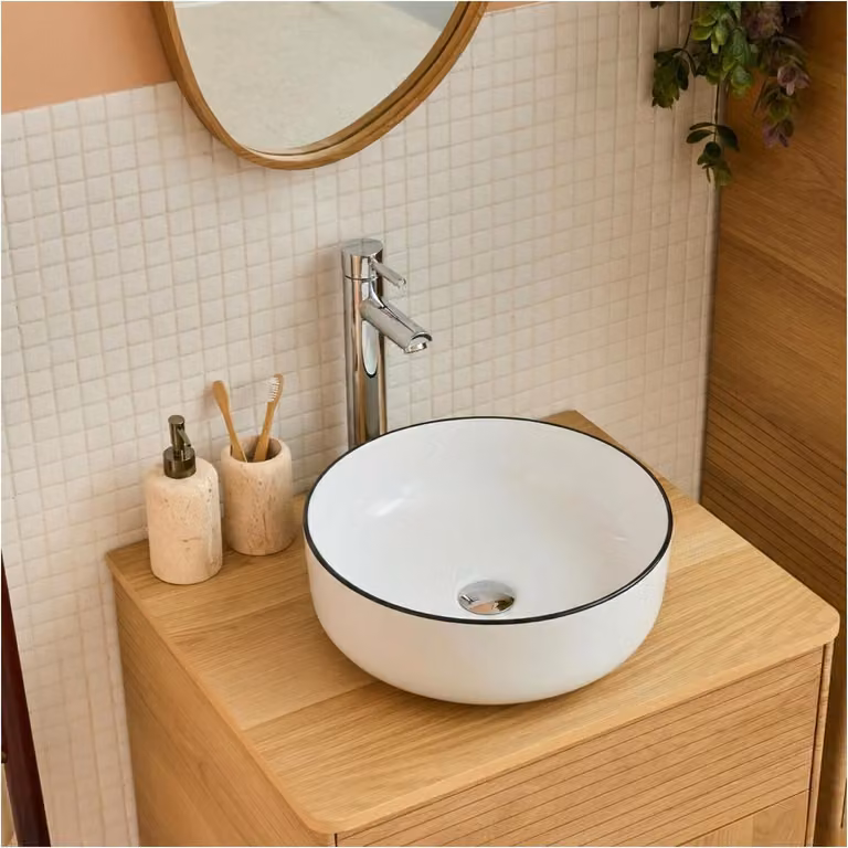 Lavabo da appoggio rotondo in Vetroceramica con bordo, 37cm, DIEGO
