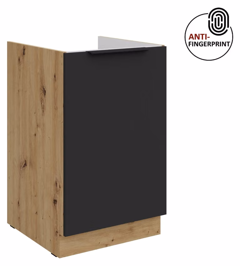 Mobile sottolavello da cucina 50 cm, cucina ARIA nero ultra opaco + rovere Artisan opaco, frontali di alta qualità con rivestimento anti-impronta, cucina a incasso, blocco cucina
