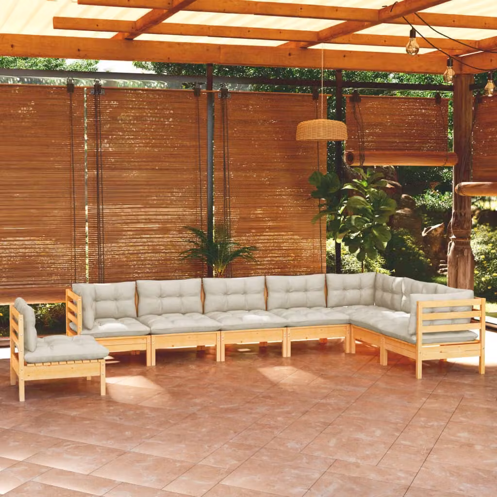 The Living Store Set da giardino da 8 pezzi con cuscini crema in legno di pino massiccio