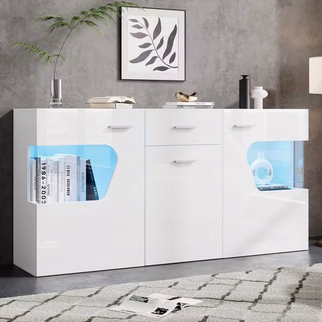Madia da soggiorno con 3 ante cassetto LED in MDF e vetro di sicurezza bianco lucido 140 × 33 × 70 cm
