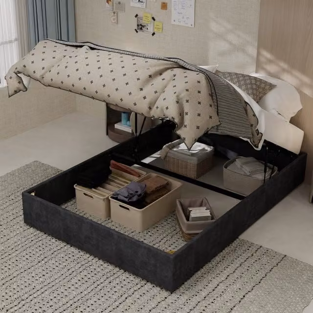 Letto matrimoniale 140 × 200 cm con testiera geometrica, senza materasso, in velluto olandese grigio e metallo
