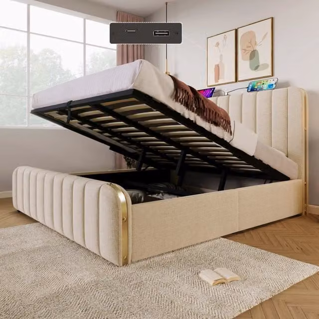letto imbottito lino beige 180 x 200 cm