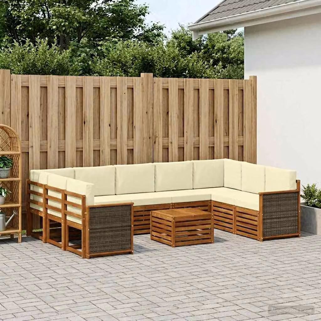 Set di divani da esterno vidaXL a forma di U in legno di acacia con cuscini, colore beige, bianco e marrone