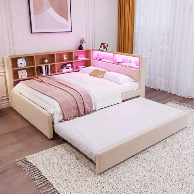 Divano letto multifunzione con letto estraibile 140x200 cm; LED; porte USB e Type-C; beige