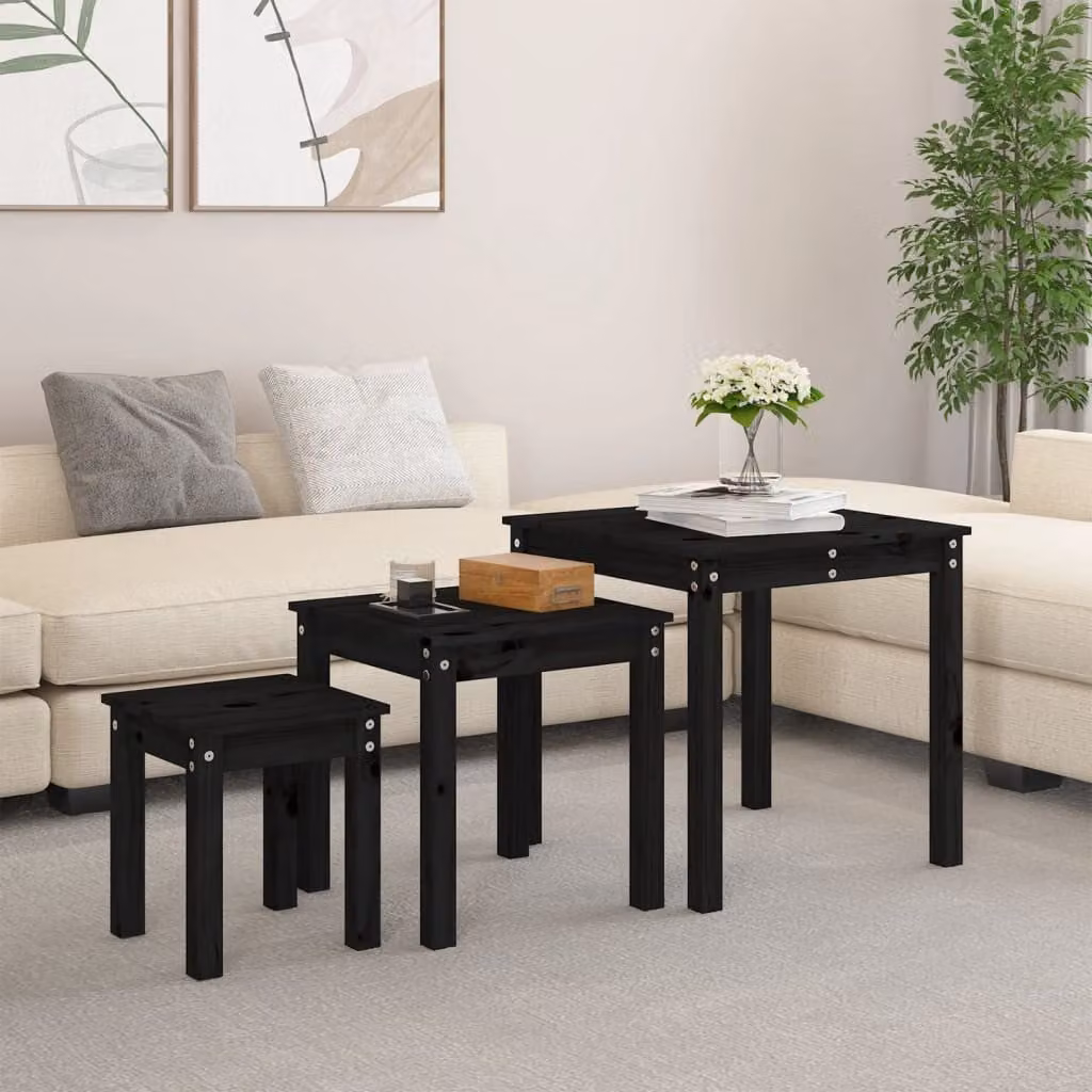 Set di 3 tavolini a incastro vidaXL in legno massello di pino, colore nero, design moderno per soggiorno o camera da letto