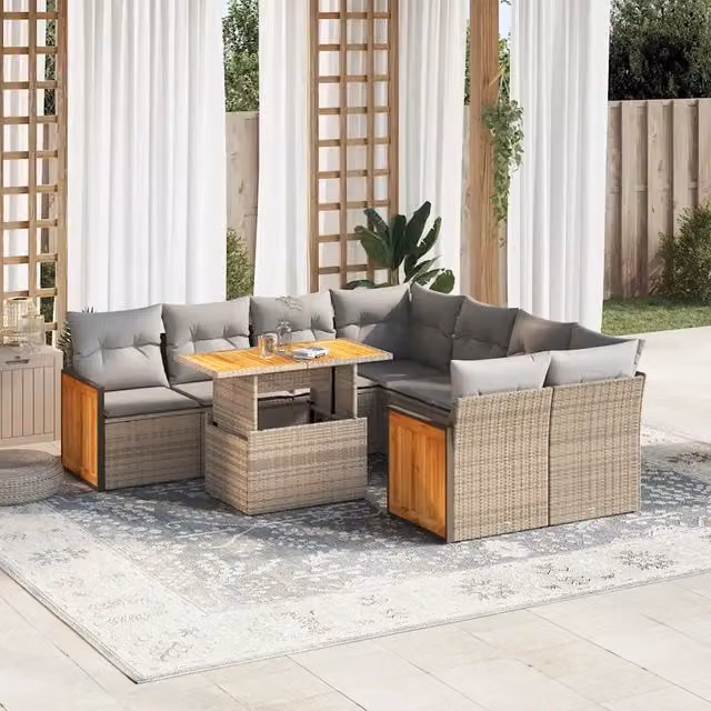 Set Divano da Giardino a L vidaXL in Polyrattan e Legno di Acacia con 9 Pezzi e Cuscini Beige e Grigio