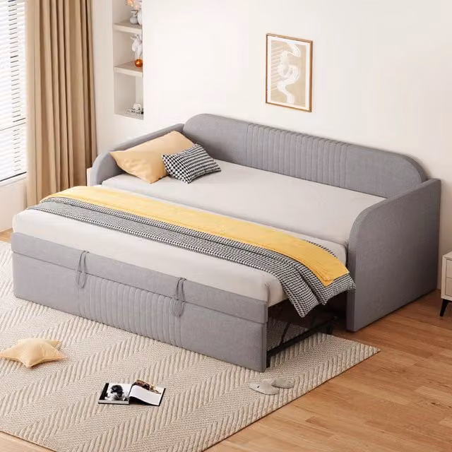 Divano letto MIVRAY moderno in tessuto grigio con seduta a sollevamento e struttura in metallo e MDF, dimensioni 90 x 190 cm