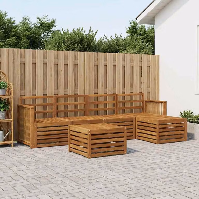 Set di divani da esterno vidaXL a forma di L in legno di acacia con tavolino e pouf, 6 pezzi, marrone e beige