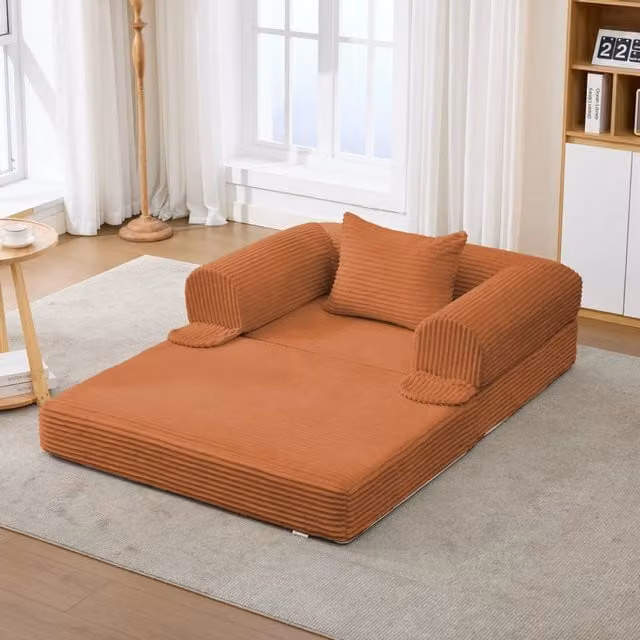 Poltrona convertibile 2 in 1 salvaspazio con funzione letto e cuscino, in tessuto corduroy arancione