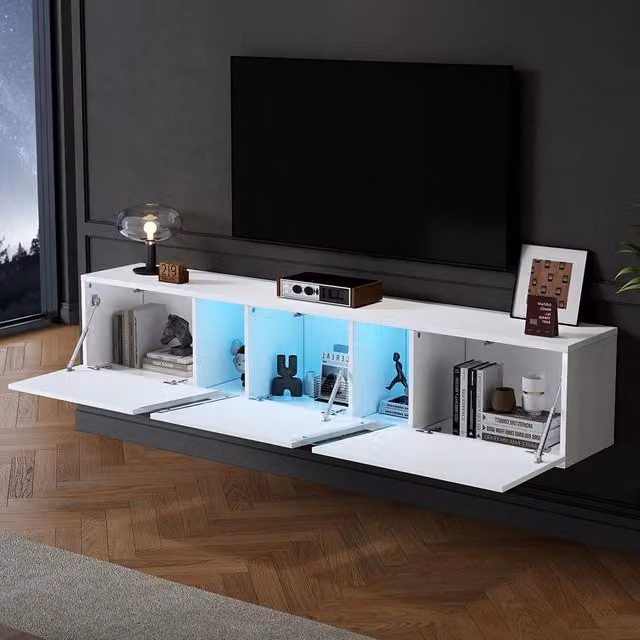 Mobile TV sospeso Xylo moderno con illuminazione LED e 3 porte, L/P/H: 180 x 35 x 30 cm, bianco e blu – 1