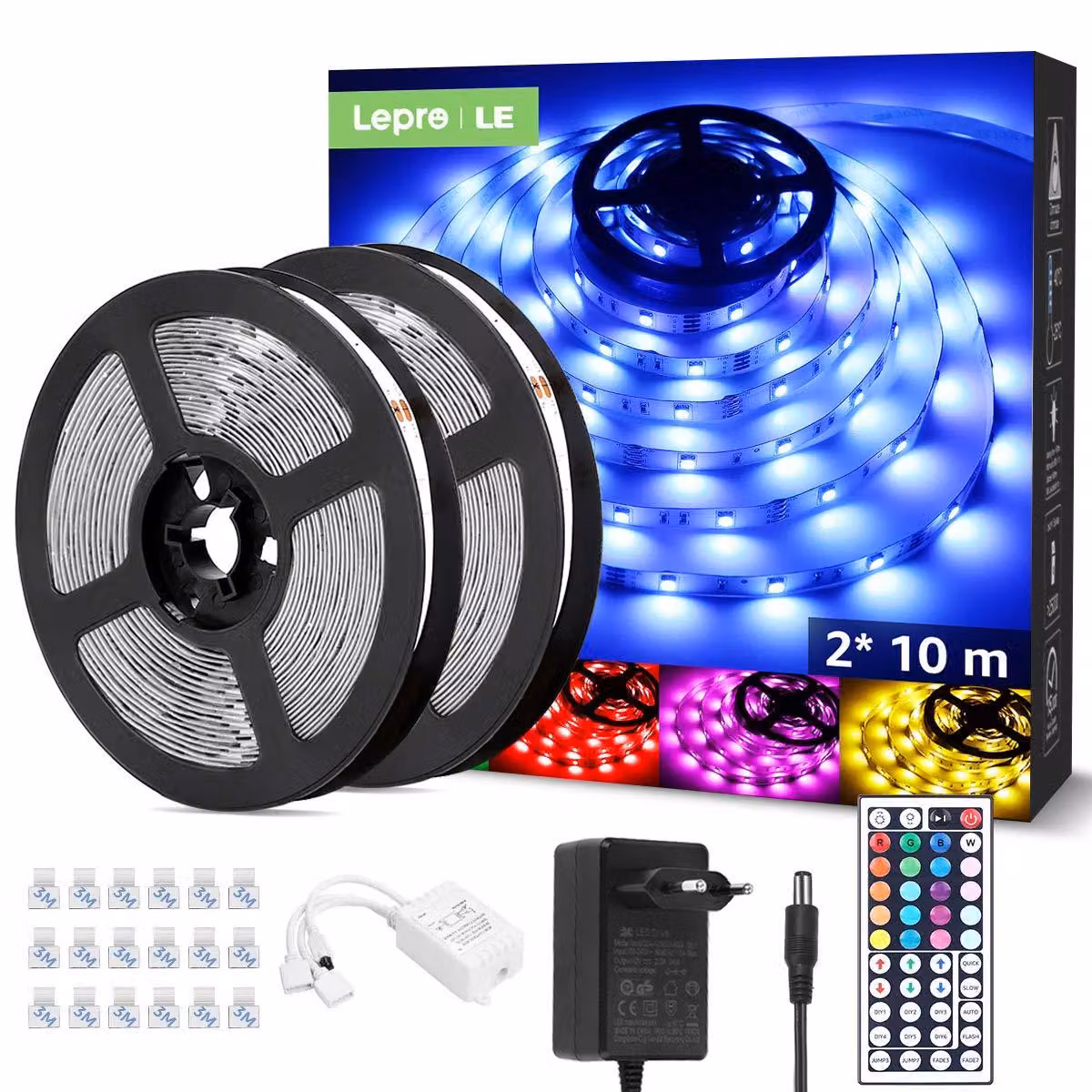 Striscia LED da 20 metri (2 x 10 metri), striscia LED RGB, 600 LED SMD 5050, 12V, striscia luminosa autoadesiva con telecomando a 44 tasti, striscia LED flessibile, catena luminosa LED IP20 per casa, feste, bar, TV
