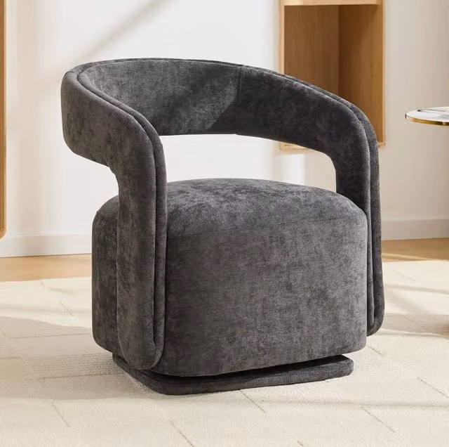 Poltrona Girevole in Chenille 70x65;5x74 cm; Rotazione 360°; Grigio Scuro; per Soggiorno e Angolo Lettura