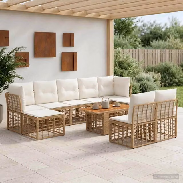 Set Divano da Giardino 10 pz Naturale e Bianco Crema polyrattan 3437906