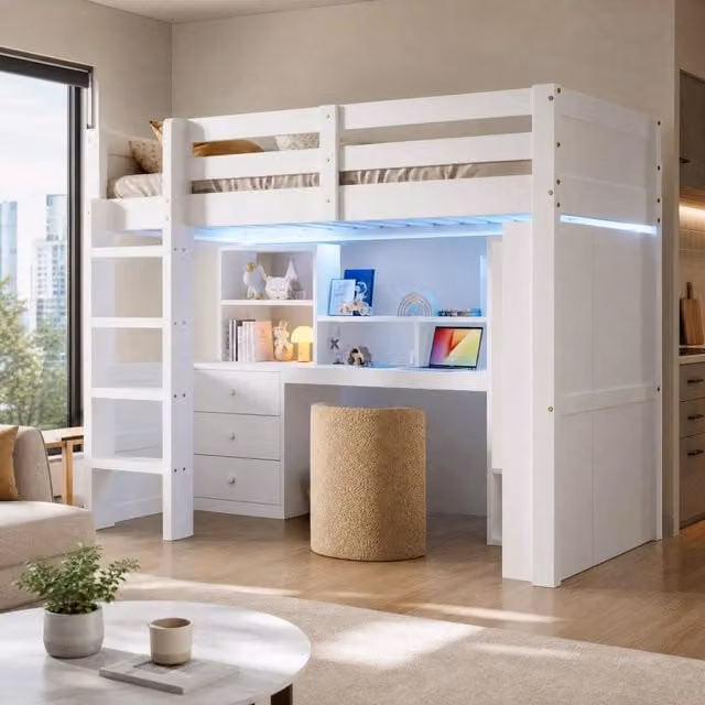 Letto a soppalco ULEVR 90x200 cm con LED, armadio, scrivania, 3 cassetti e vani aperti, bianco